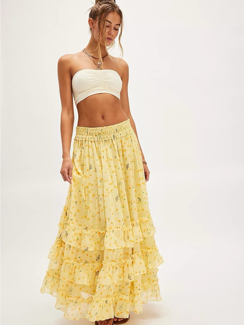 Free People Sunny Yellow Floral Ruffled Maxi Skirt - Stunning